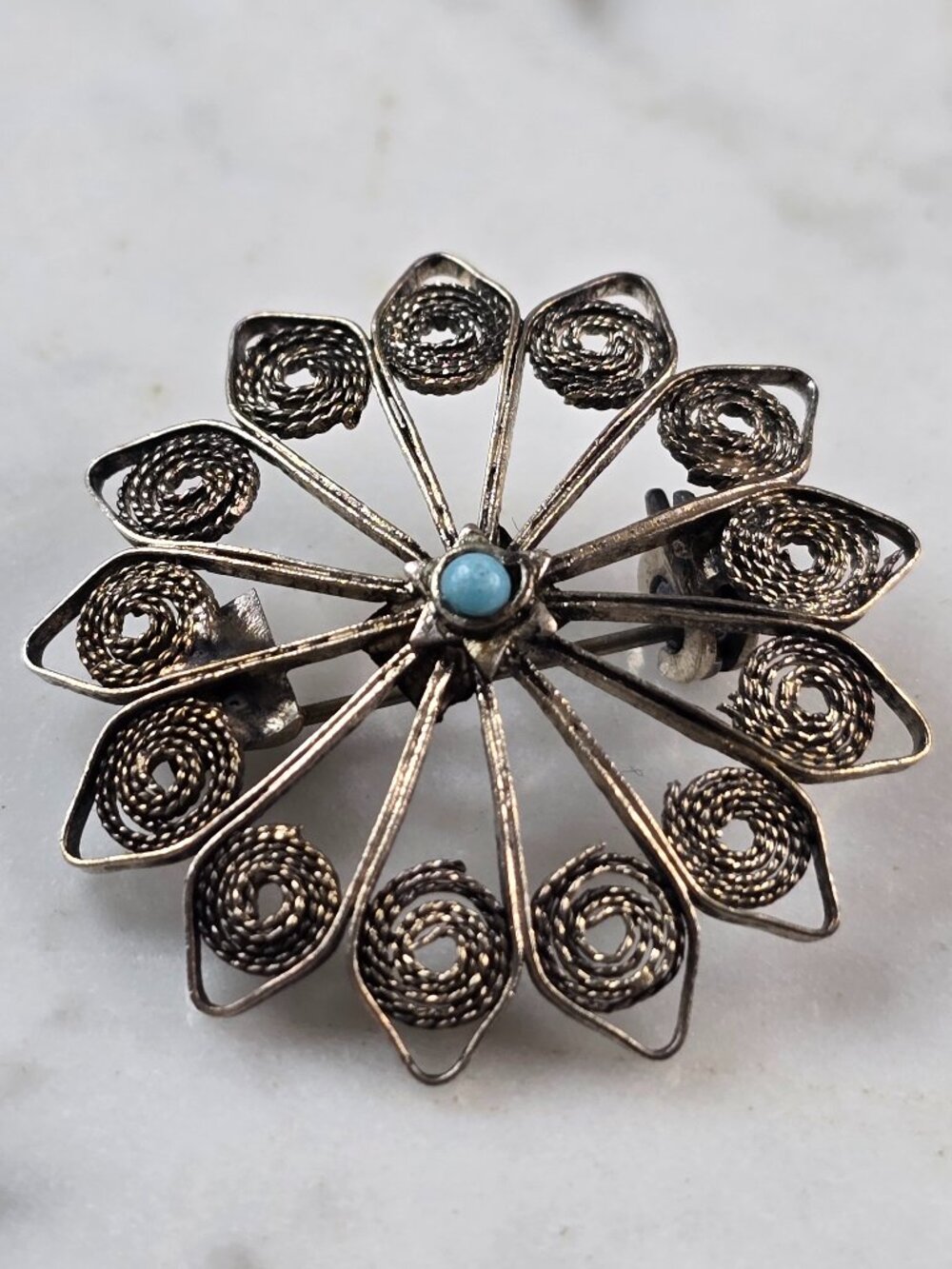 Womens Vintage Estate Sterling Silver Turquoise Filigree Brooch 3.0g E1182